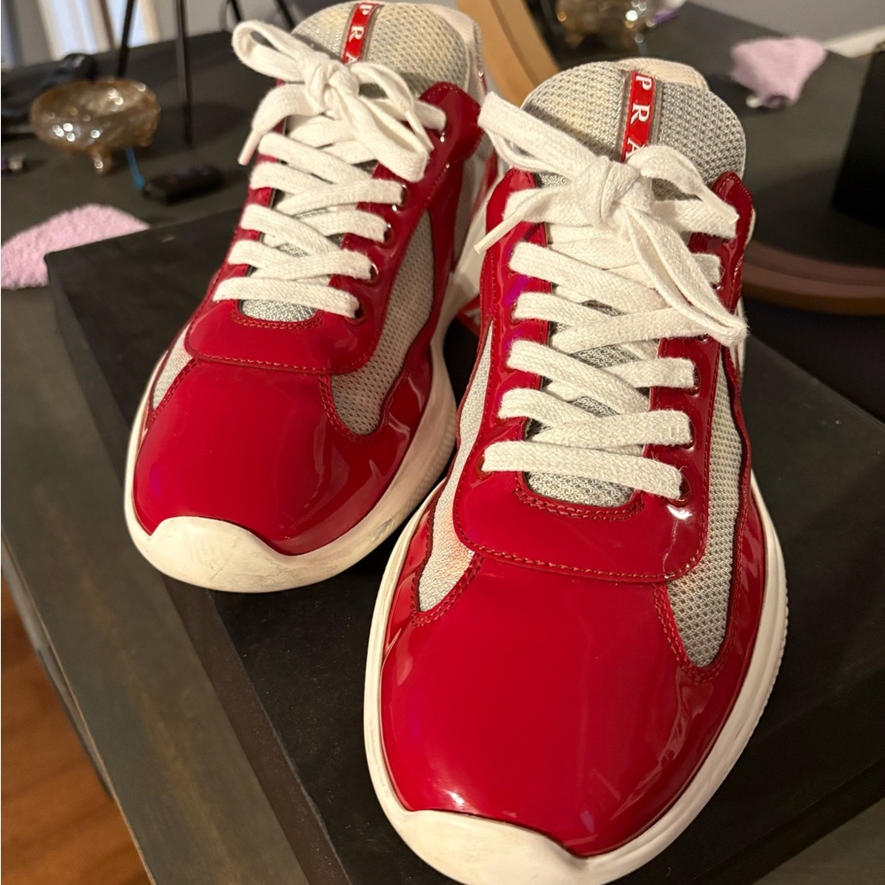 Prada Red and White Lace-Up Sneakers